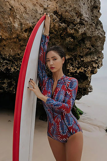 Blue Leaf Print Zip-Up Long Sleeve One-Piece
